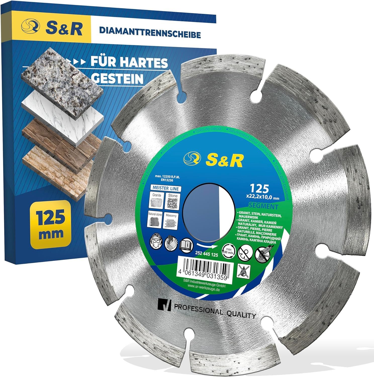 S&R Diamanttrennscheibe Industrie-Qualität, Trennscheibe 125 x 22,23 mm zum Schneiden von, Ø 125 mm, Granit, Stein, Naturstein, Marmor, Mauerwerk, Schamottenstein