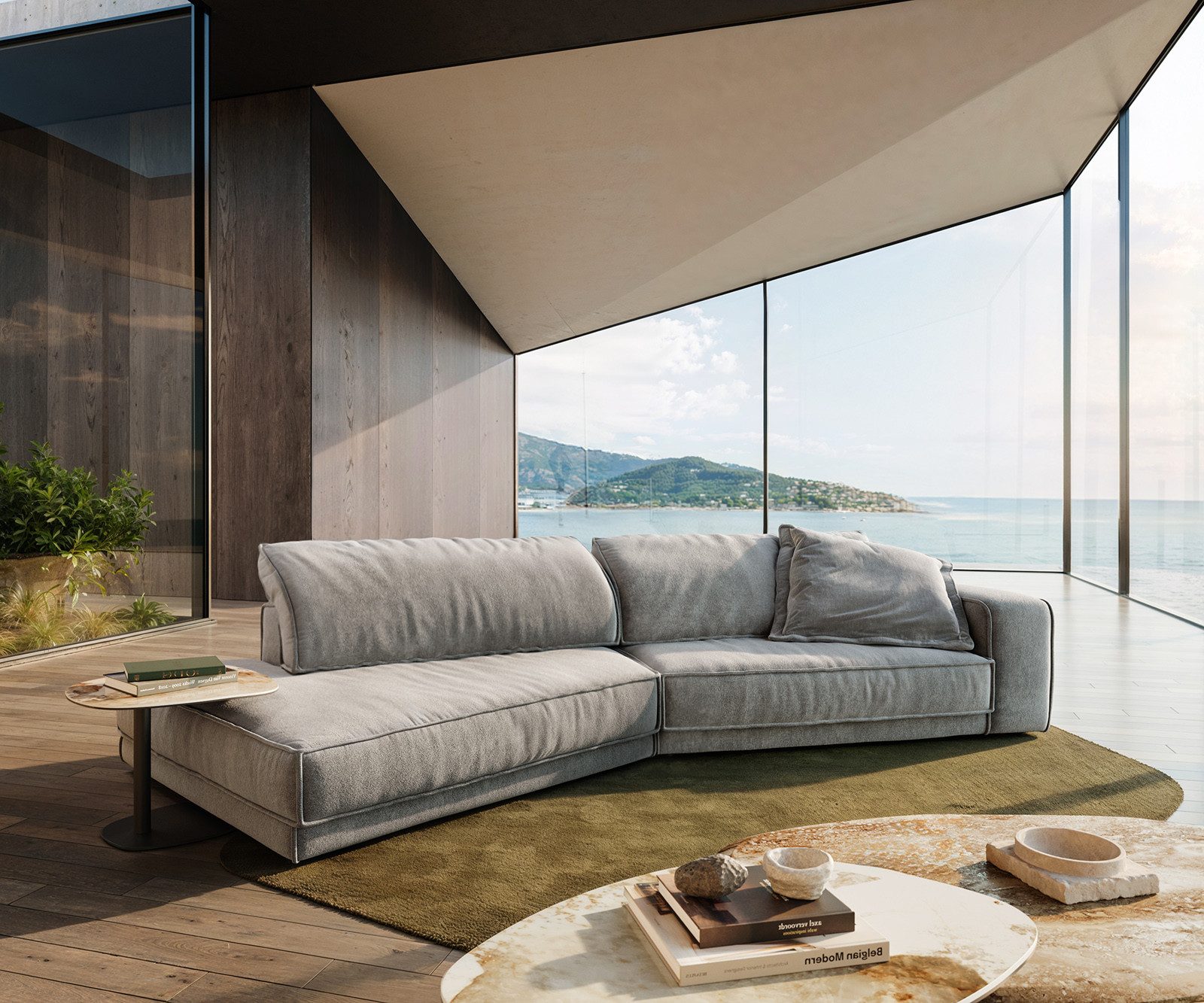 DELIFE Big-Sofa Snoosh, Strukturstoff Soft Grau 400x150 cm Recamiere links