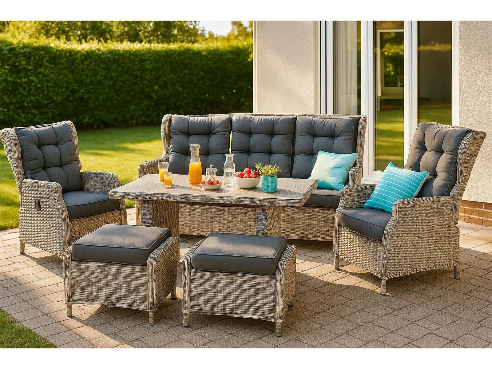 Green Spirit Gartenlounge-Set Gartenmöbel Lounge Set Bilbao von Green Spirit, (Set, 6-tlg., 1 Sofa, 2 Sessel, 2 Hocker, 1 Tisch, inkl. Auflagen), Relax-Positionen