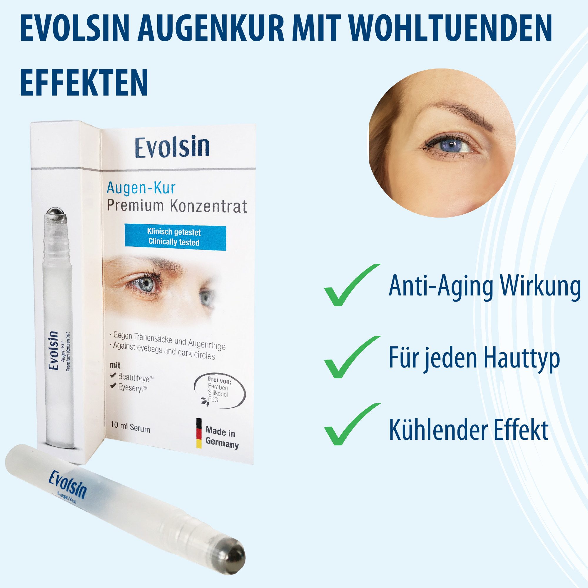 Evolsin Augen-Roll-on Augen Kur Premium Konzentrat Roll-On, Gegen Falten und Krähenfüße, mindert Augenringe und Tränensäcke