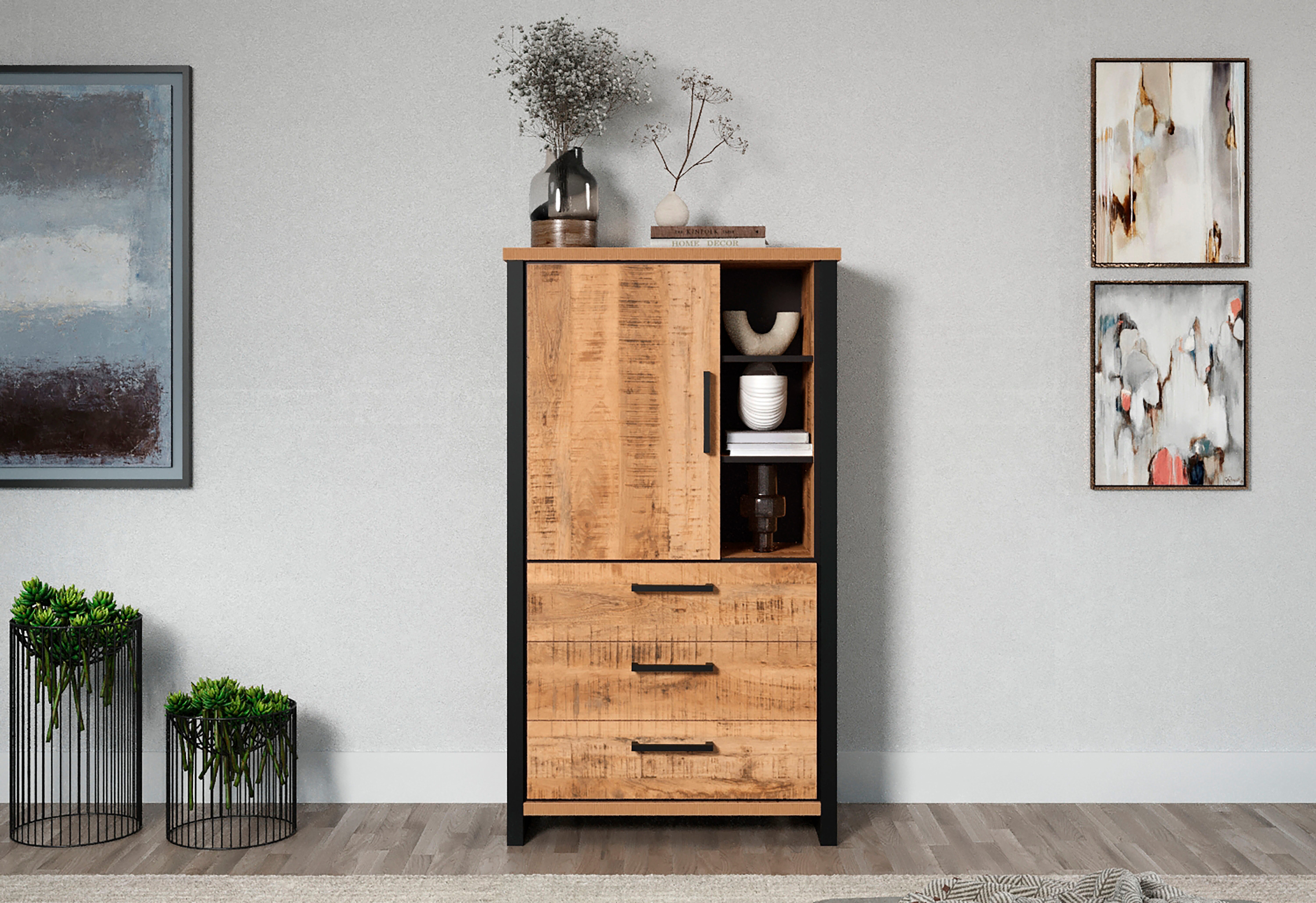 Home affaire Highboard Elda (1 St), Vitrine mit 1 Tür & 3 Schubladen mit Vollauszug – (B/T/H) 87/45/155 cm
