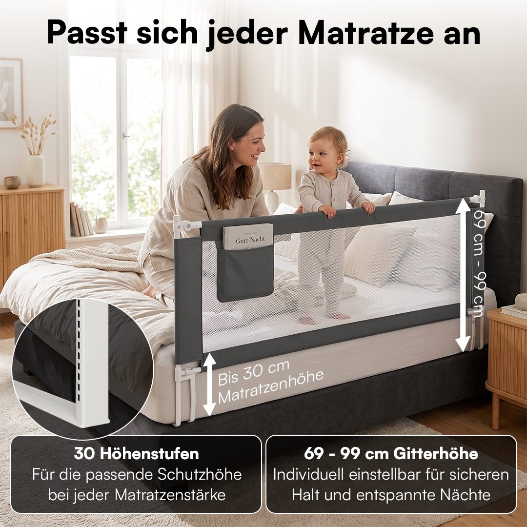 Bellabino Bettschutzgitter Rausfallschutz Drina höhenverstellbar 62-93cm/69–99cm (150 cm breit, 1 St., Dunkelgrau, mit Sicherheitsgurt), Rausfallschutz, klappbar & kombinierbar, verfügbar in B 150/180/200 cm