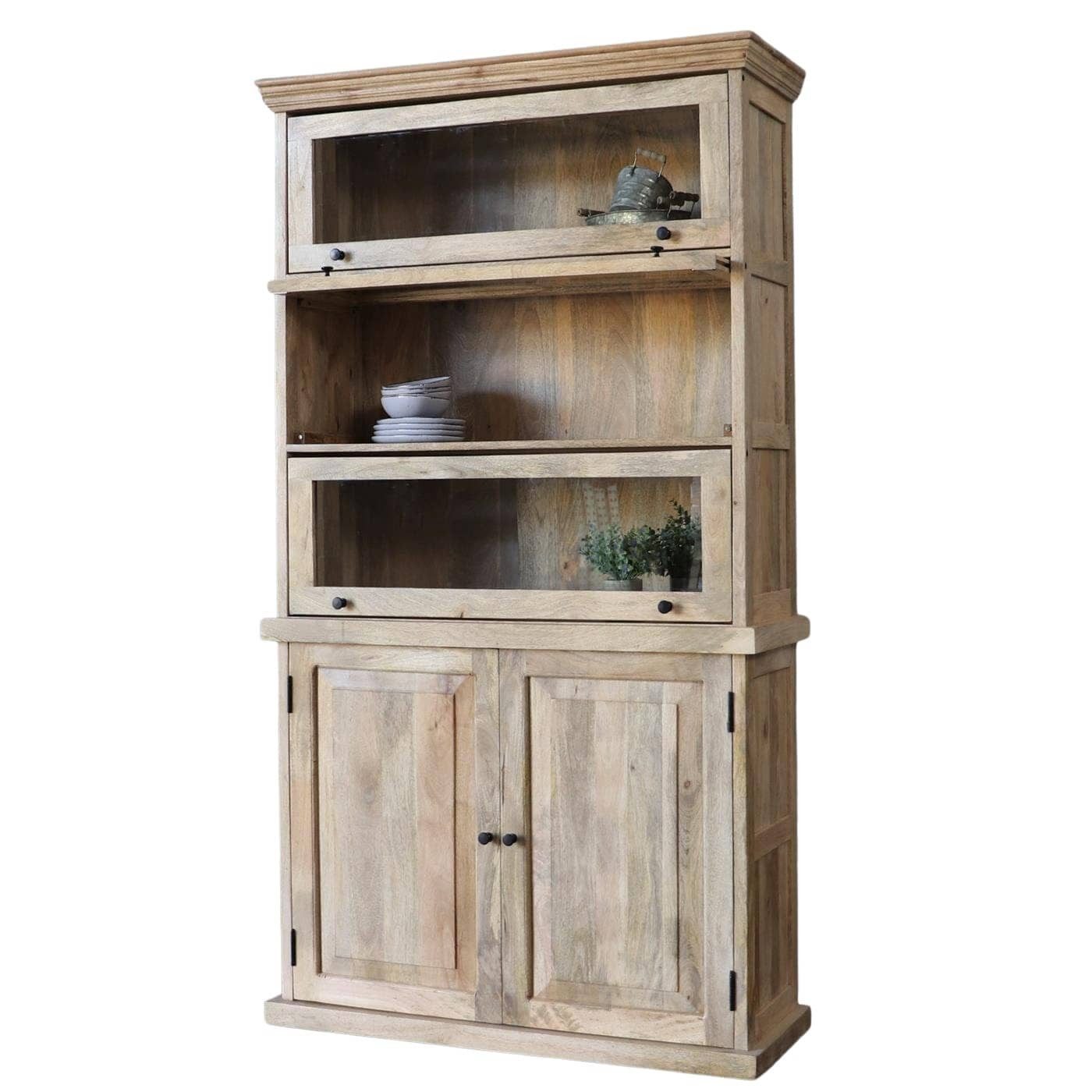 baario Vitrine Schrank TAVEL Vitrine braun Klapptüren Glas massiv Mangoholz Klappfach Vintage