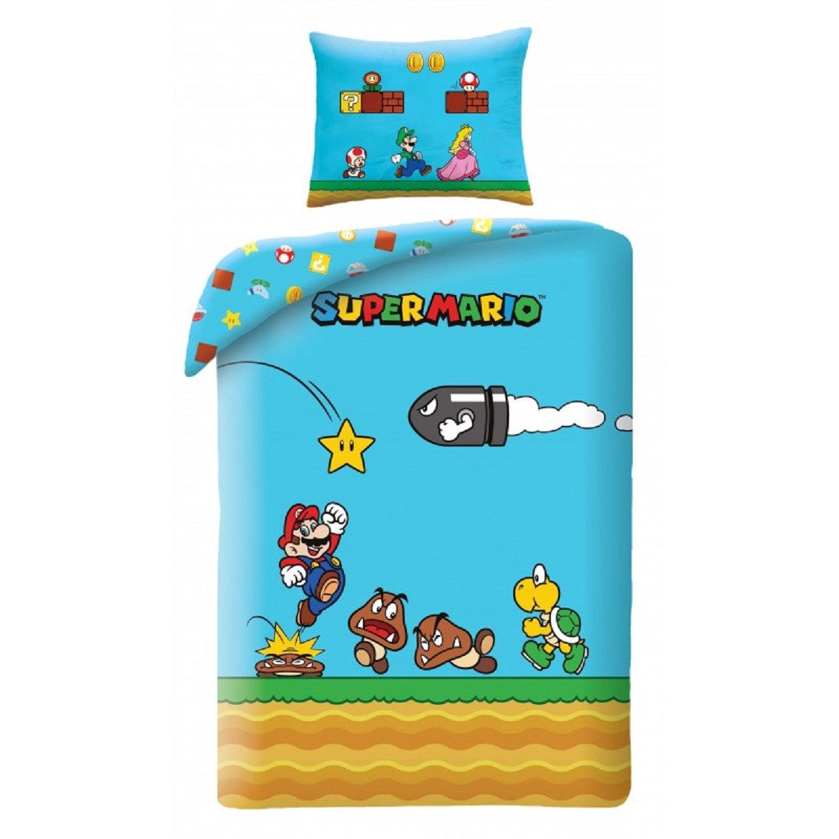 Super Mario Bettwäsche Bettdeckenbezug 140 × 200 cm mit 70 × 90 cm Kissenbezug, Beidseitig bedruckt Pflegeleicht Atmungsaktiv