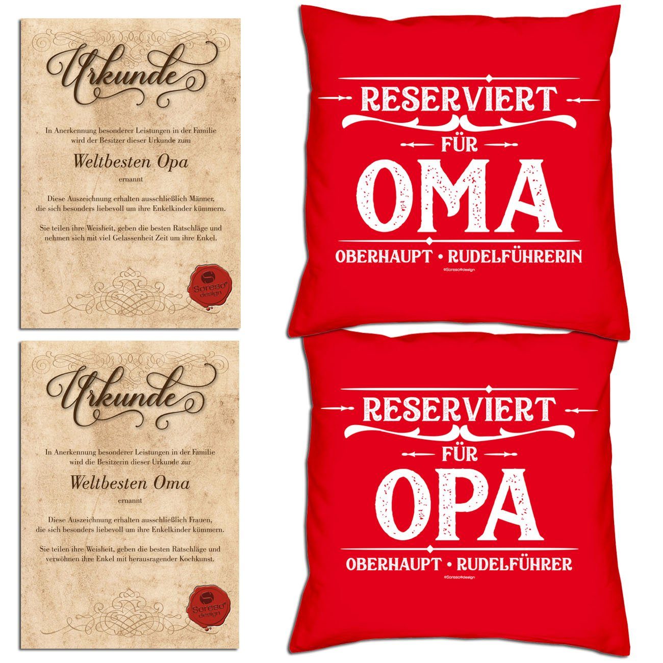 Soreso® Dekokissen Kissen-Set Reserviert für Opa Reserviert für Oma mit Urkunden, Weihnachtsgeschenk für Großeltern rot