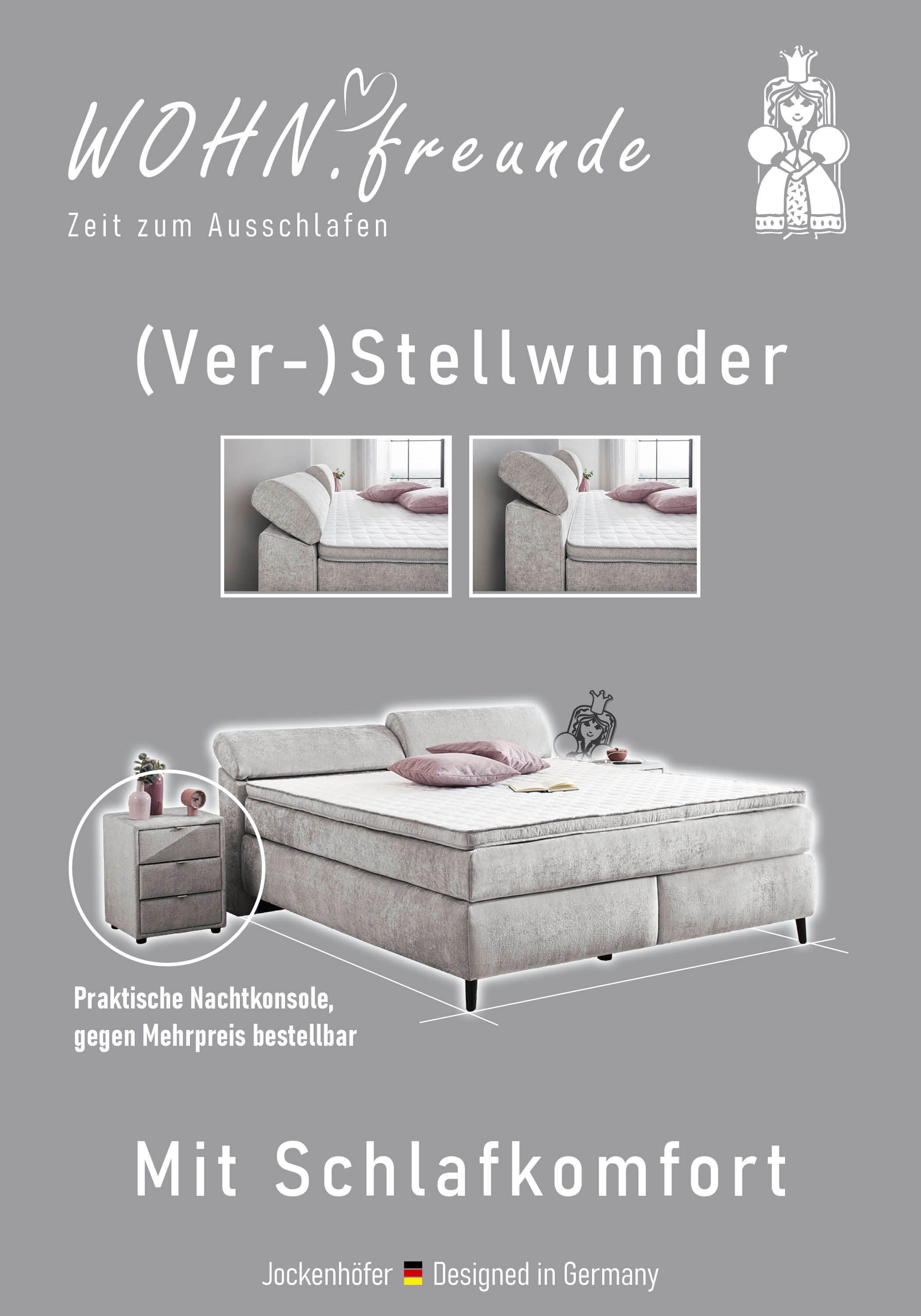 Jockenhöfer Gruppe Boxspringbett Diva, inkl. 7-Zonen-TTFK-Matratze, Kopfteil höhenverstellbar, KS-Topper