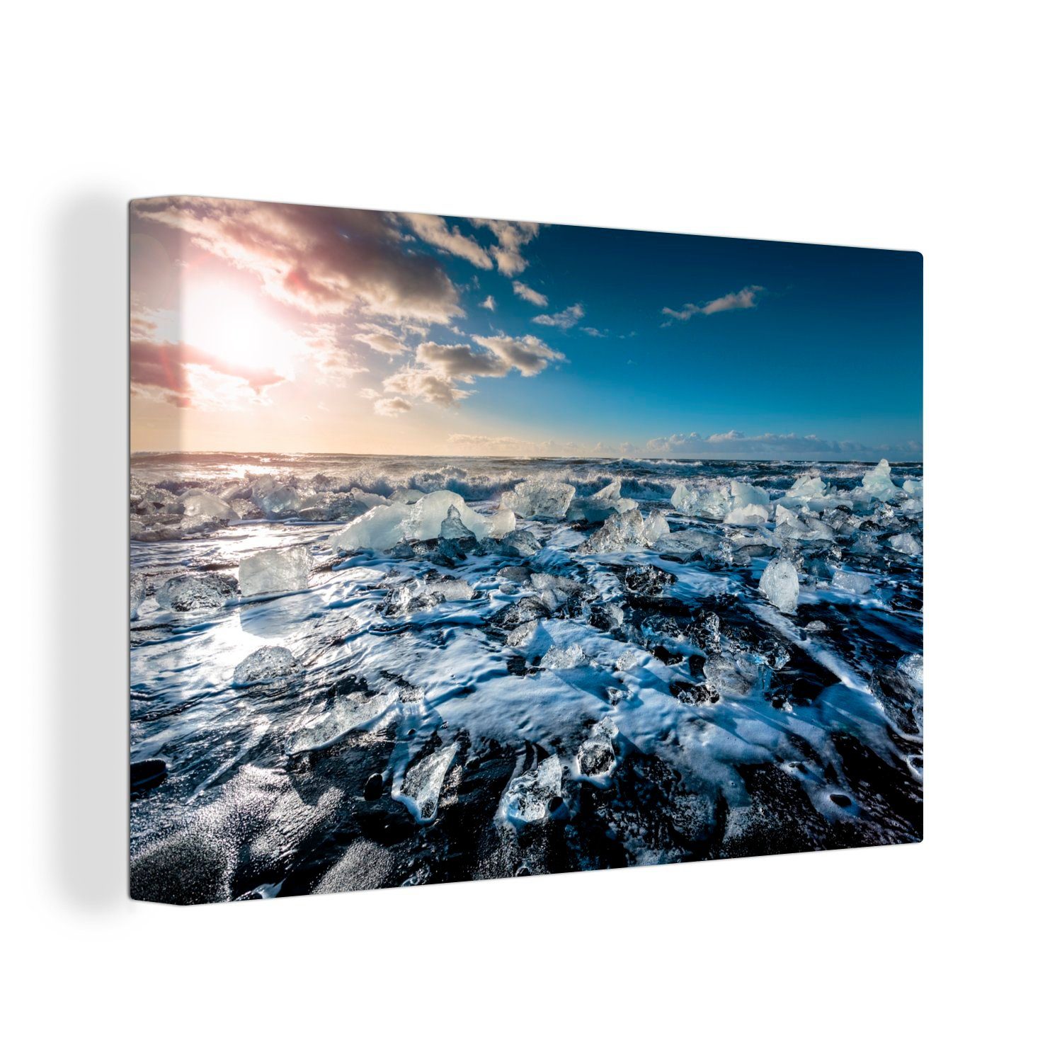 OneMillionCanvasses® Leinwandbild Große Eisbrocken an einem Strand im isländischen, (1 St), Wandbild Leinwandbilder, Aufhängefertig, Wanddeko, 30x20 cm