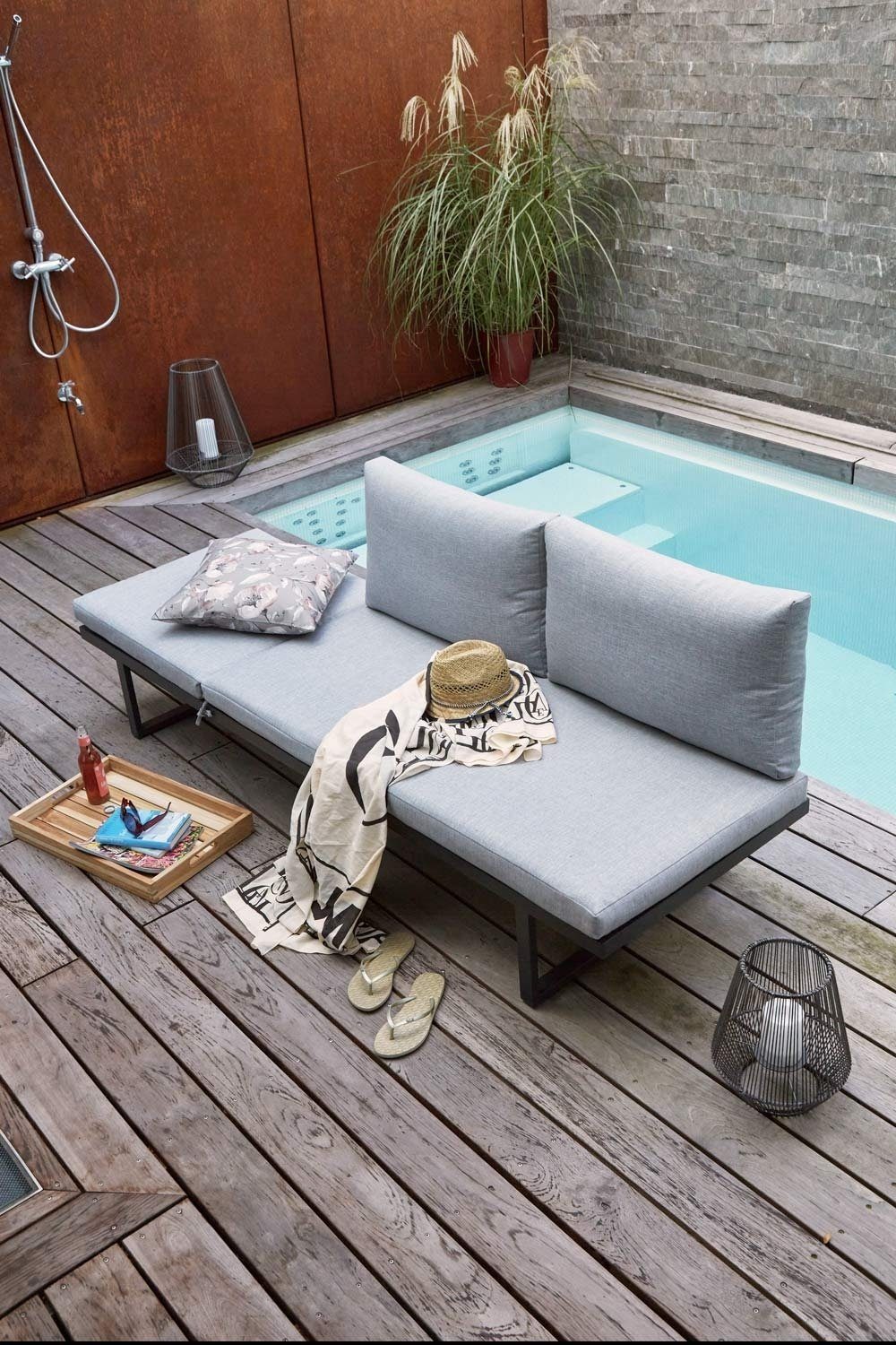 Outdoor Gartenbank BURGAS, Aluminium, Dunkelgrau, B 207 cm, verstellbar, mit Auflage und Kissen