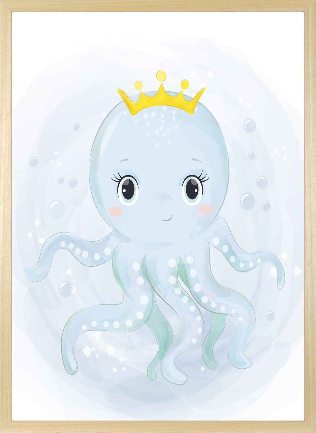 queence Bild mit Rahmen Oktopus mit Krone, Fantasy, Prinzessinnen, Tiere, Unterwasserwelt, Wassertiere (1 St), HD Premium Posterdruck mit Echtholzrahmen
