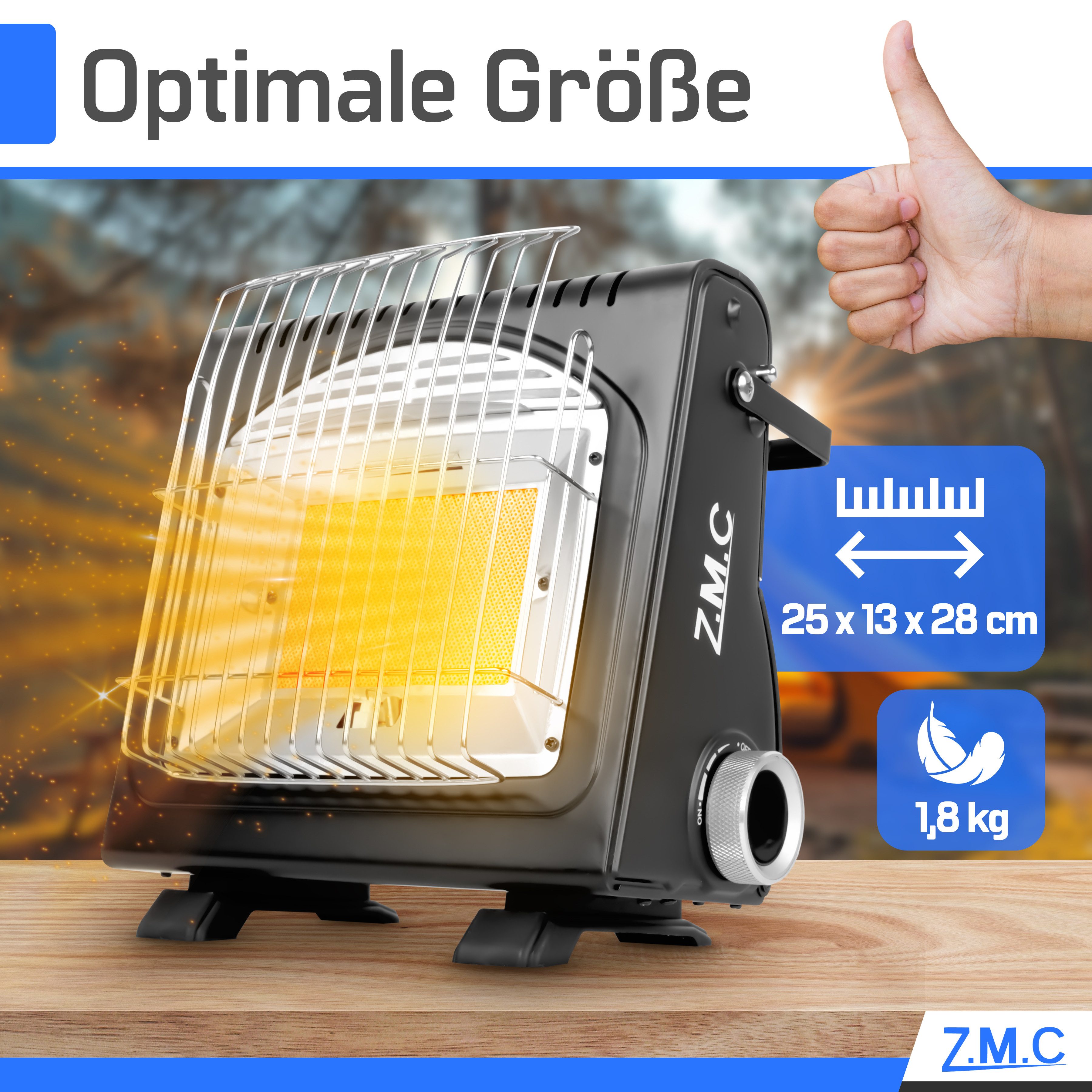 ZMC Heizstrahler 2in1 Tragbare Camping Gasheizung 1,7KW Gaskocher + Gaskartuschen 227g, 1700W Camping Heizung mobile Heizstrahler Zeltheizung mit Piezozündung – Bild 3 von 5