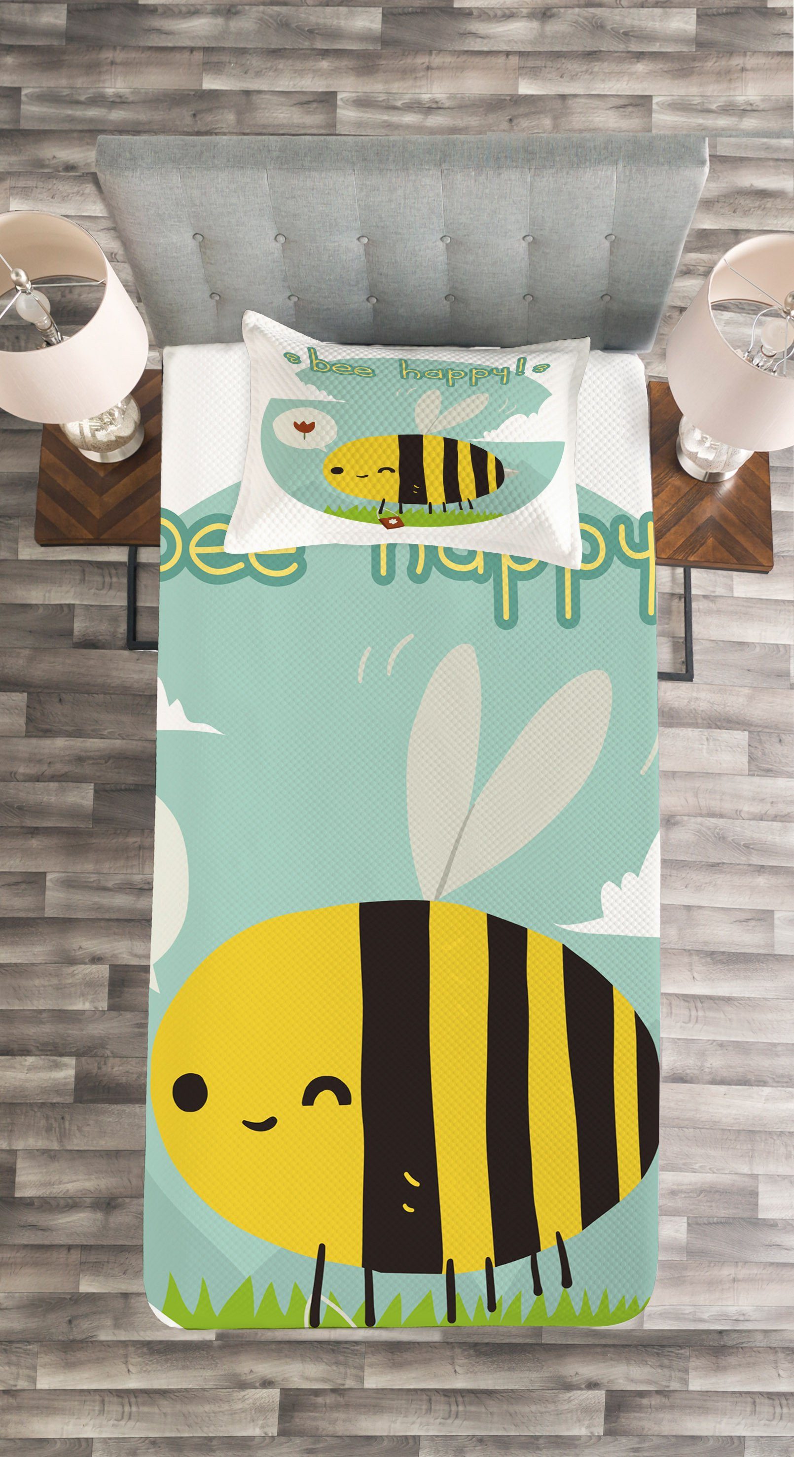 Bee Kissenbezügen Waschbar, Bienenkönigin Set Tagesdecke mit Doodle Happy Abakuhaus,