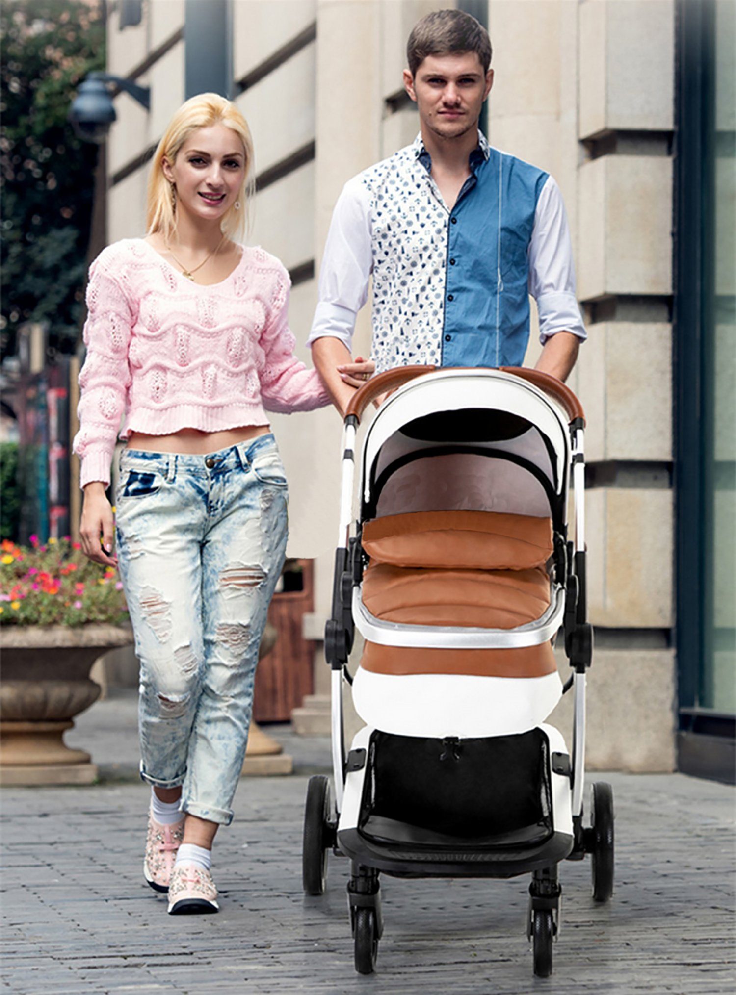 TPFFamily Kombi-Kinderwagen Babyschale Baby Buggy Babywanne 5-Punkt-Sicherheitsgurt Moskitonetz, Getränkehalter inkl. Zubehörset Kinderwagen 3 in 1 Kunstleder Grau