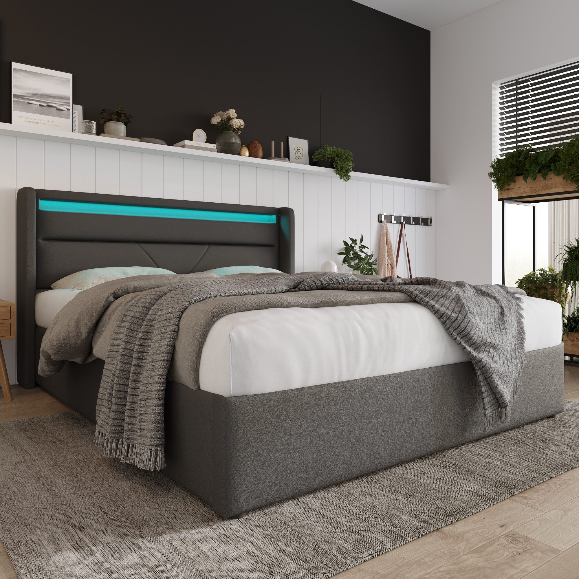 OKWISH Polsterbett Bett 140x200 cm mit LED-Beleuchtung & großem Stauraum (1-tlg., mit praktischem Nutzen, Pflegeleicht und staubgeschützt für ein sauberes Ambiente