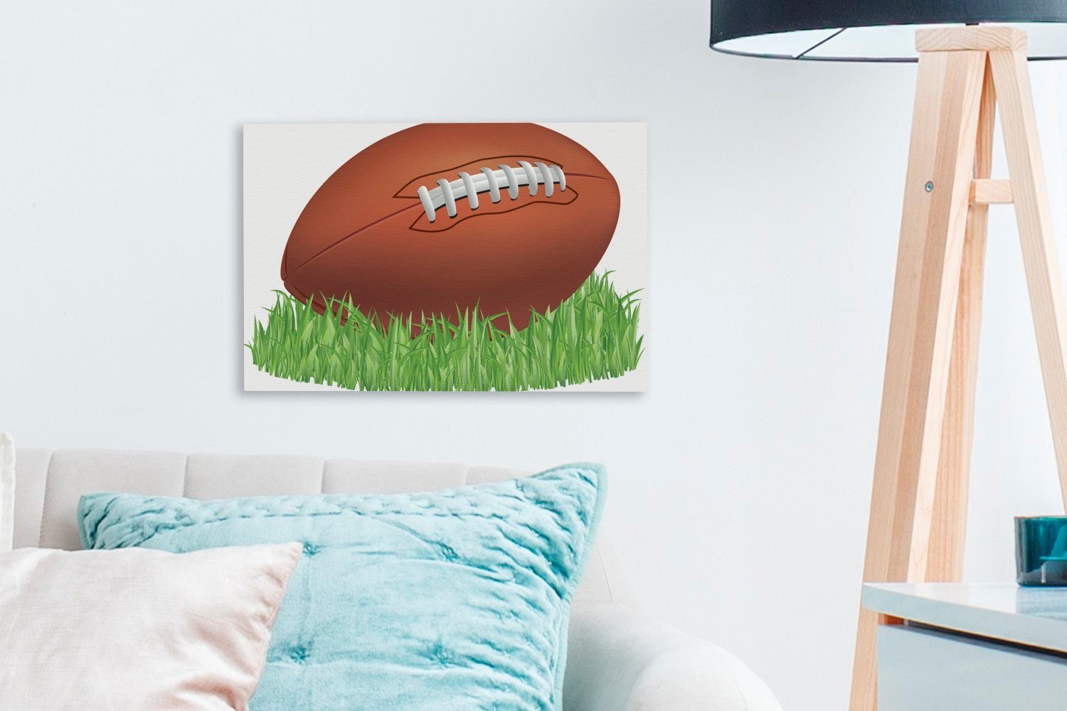 Illustration Leinwandbild im Rugbyballs Aufhängefertig, Wandbild (1 cm OneMillionCanvasses® St), Wanddeko, eines 30x20 Gras, Eine Leinwandbilder,