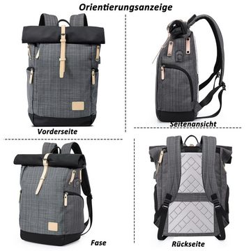 TAN.TOMI Freizeitrucksack Laptop-Rucksack Groß Damen lässiger Rolltop Rucksack Herren Backpack, Leichtgewichtiger, Stilvolle Schultasche mit USB-Ladebuchse