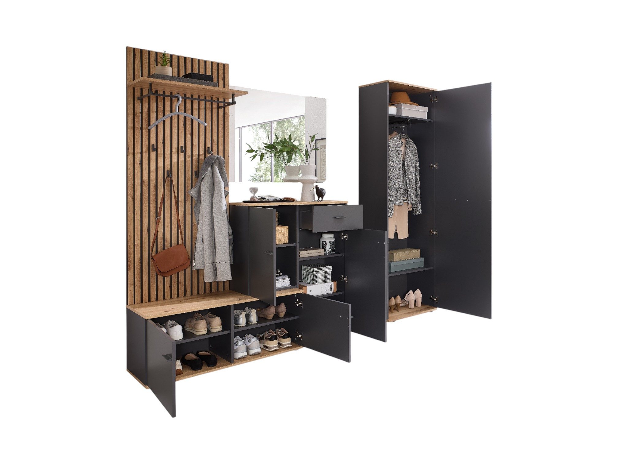 moebel-dich-auf Garderoben-Set COMO, (Paneel + Schuhschrank + Spiegel + Hochschrank, in anthrazit oder weiß / Artisan Eiche Nb), 223 cm breit