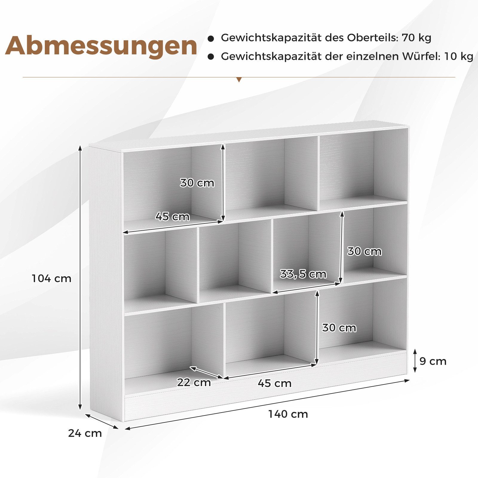COSTWAY Bücherregal, Standregal, 3 Ebenen, 10 Fächer, bis 70kg, 140x24x104cm