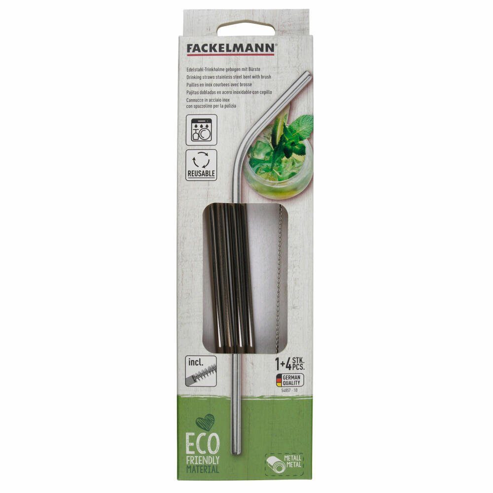 FACKELMANN Trinkhalme Eco 4er Set gebogen 24 cm, (Set, 4-tlg), mit Reinigungsbürste