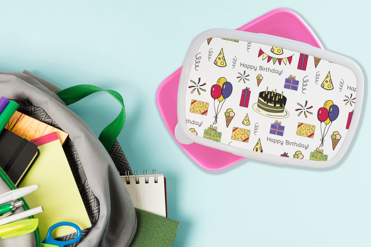 MuchoWow Lunchbox Design - Geburtstag Mädchen, Kinder, Party, (2-tlg), - Erwachsene, Snackbox, Brotdose Brotbox rosa für Kunststoff Kunststoff