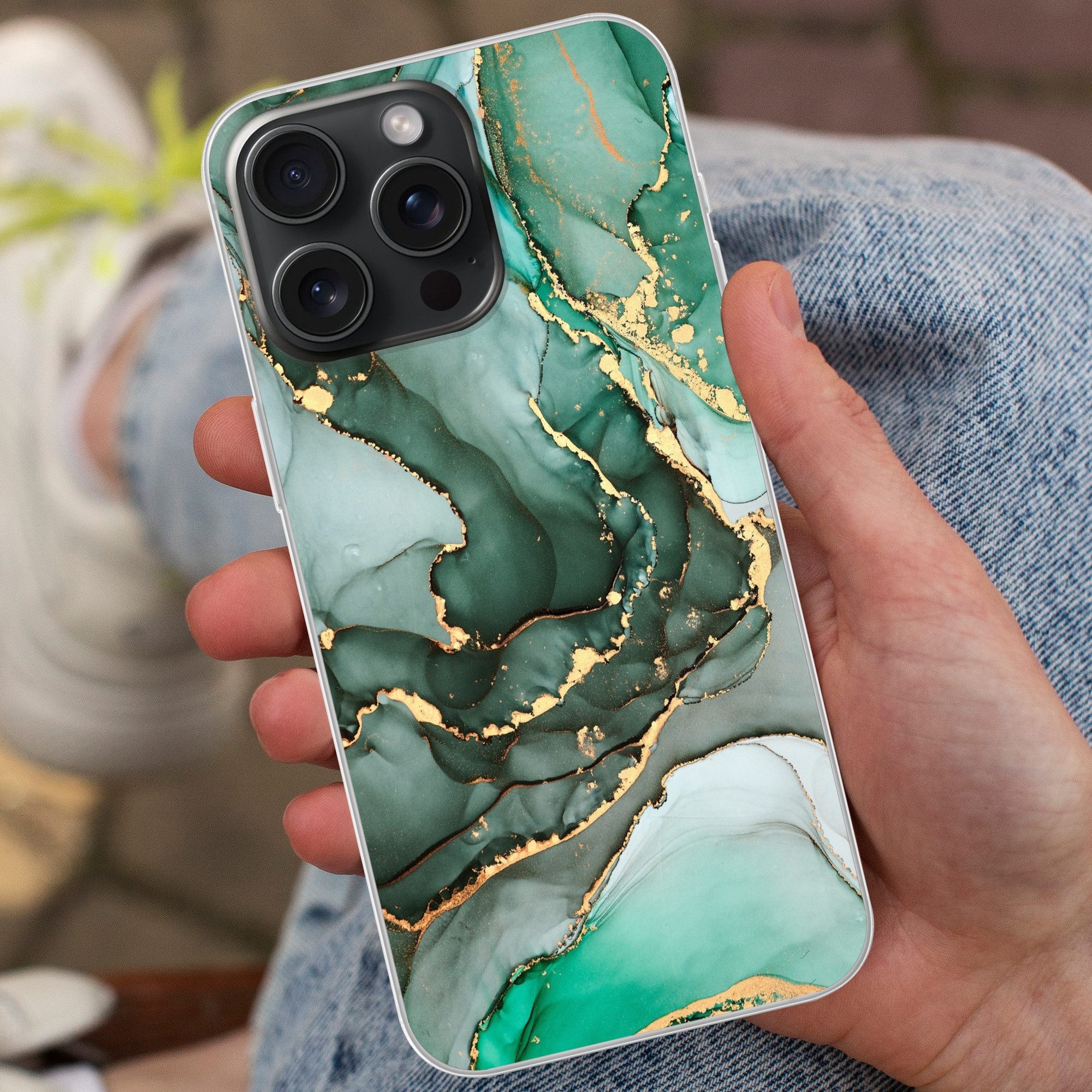 MuchoWow Handyhülle für Apple iPhone 15 Pro Max Gold - Marmor - Grün - Luxus - Marmoroptik, Smartphone-Bumper, Print, Handy Schutzhülle Dünn