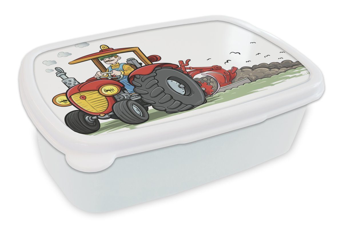 MuchoWow Lunchbox Traktor - Landwirt - Rot, Kunststoff, (2-tlg), Brotbox für Kinder und Erwachsene, Brotdose, für Jungs und Mädchen weiß
