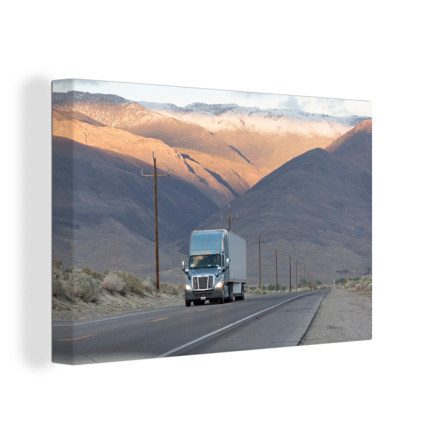 OneMillionCanvasses® Leinwandbild Lastwagen zwischen den Bergen, (1 St), Wandbild Leinwandbilder, Aufhängefertig, Wanddeko, 30x20 cm