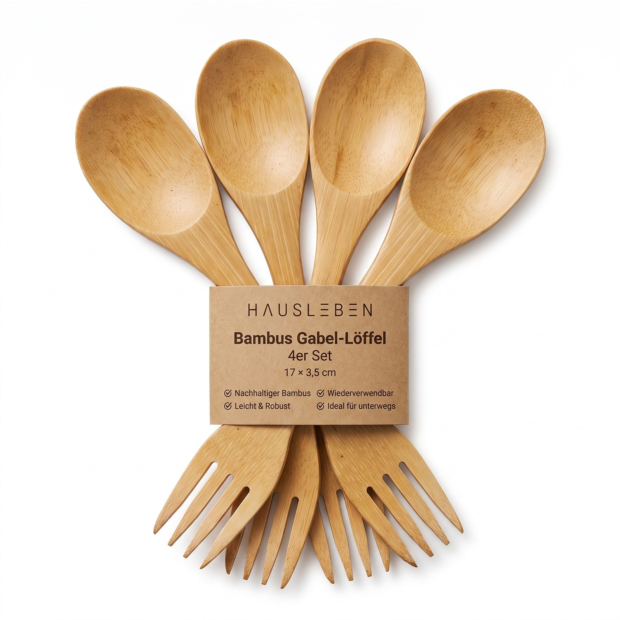 hausleben Campinglöffel 4er Set Gabel-Löffel Multibesteck – Bambusbesteck 17 x 3,5 cm (4 Stück), Bambusbesteck, Wiederverwendbar & Leicht, 17 x 3,5 cm