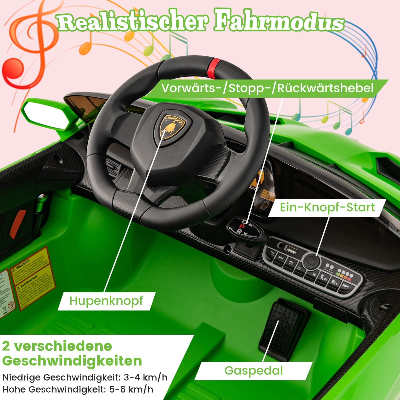 COSTWAY Elektro-Kinderauto, Lamborghini Kinder Elektroauto mit Hupe, Musik