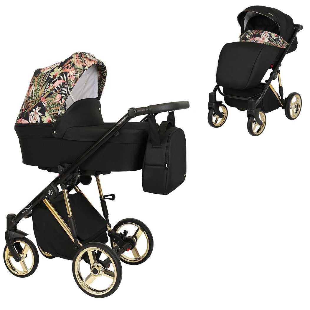 babies-on-wheels Kombi-Kinderwagen Molto Gold-Edition 2 in 1 - 12 Teile - von Geburt bis 4 Jahre Schwarz-Dekor = Gestell gold