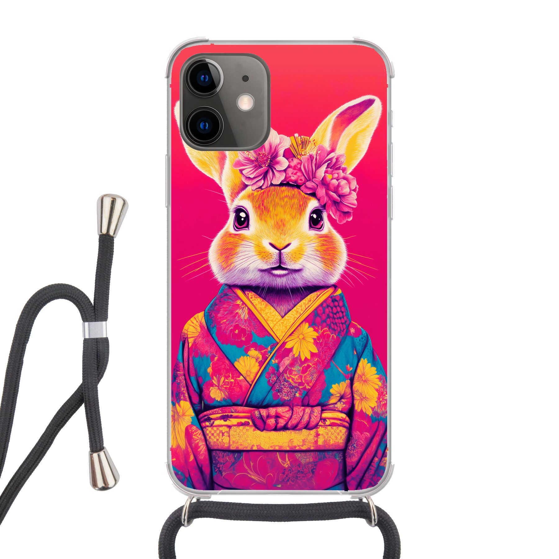 MuchoWow Handyhülle für Apple iPhone 12 Mini Kaninchen - Blumen - Farbenfroh - Kimono, Tragbare Handyhüllen mit Kette zum umhängen, Handykette Handyband