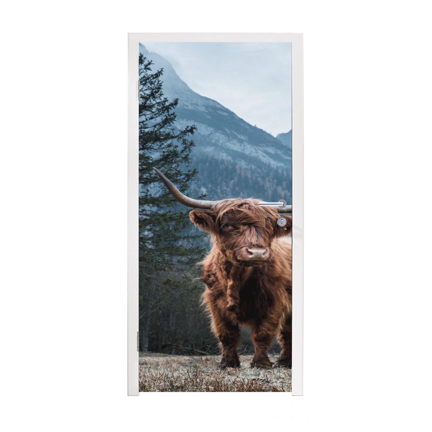 MuchoWow Türtapete Schottischer Highlander - Berge - Kiefer, Matt, bedruckt, (1 St), Fototapete für Tür, Türaufkleber, 75x205 cm | Türtapeten