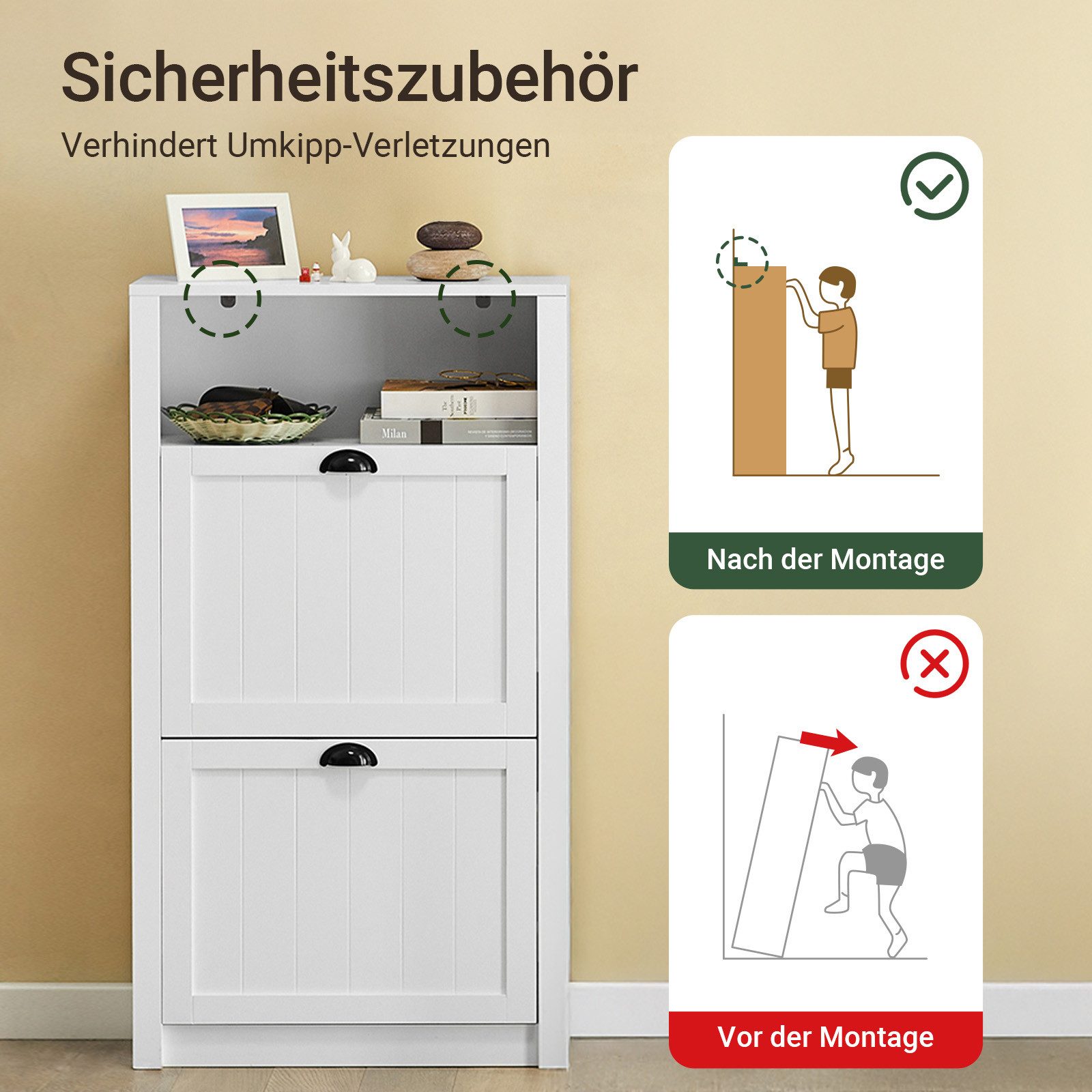 SoBuy Schuhschrank FSR87, Schuhkommode Schuhregal, Schuhschrank schmal Schuhkipper schmal mit 2 Klappen Schuhregal mit 4 Ablageflächen