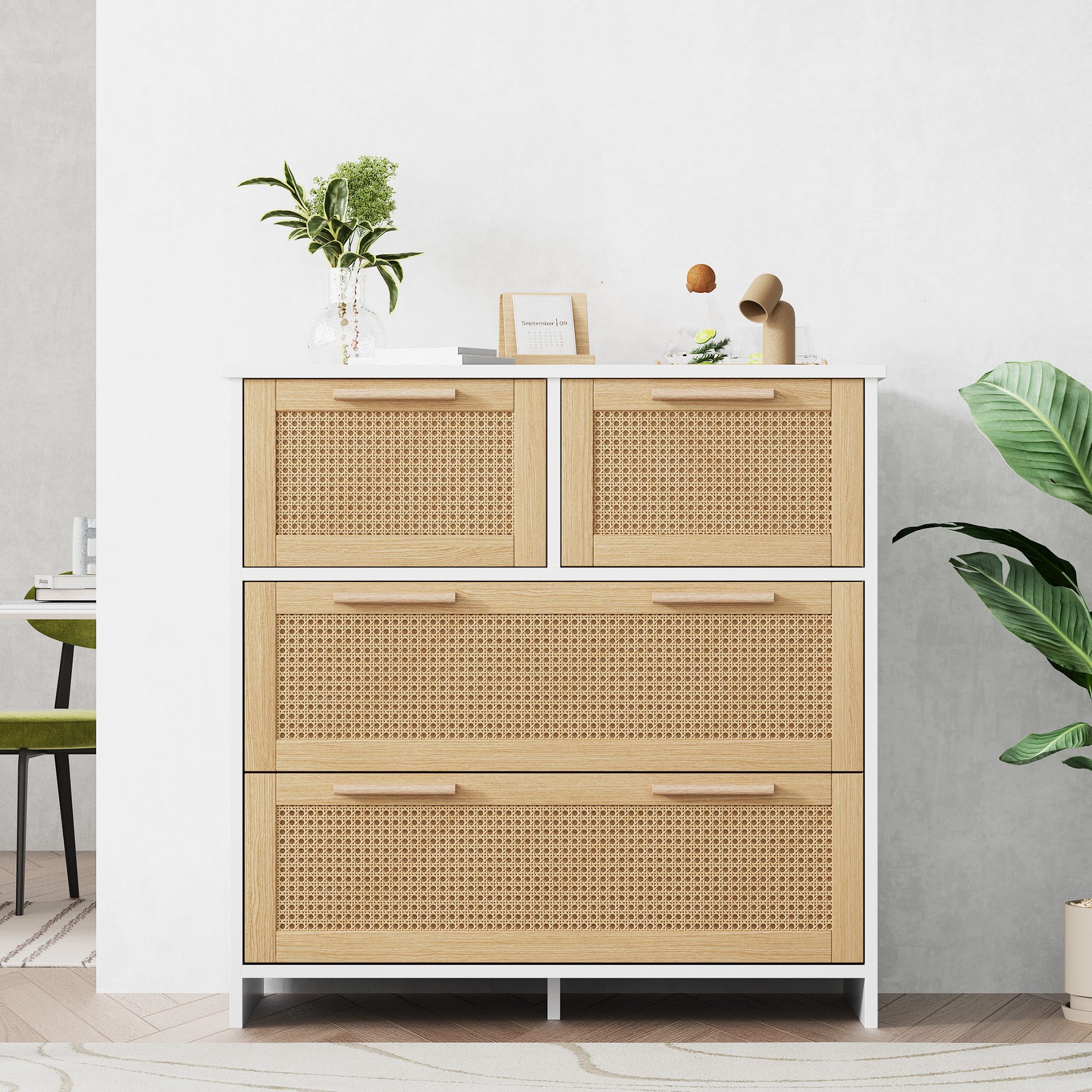 Merax Schubkastenkommode mit Rattangeflecht, Kommode mit 4 Schubladen,Sideboard,Landhaus,B:80cm