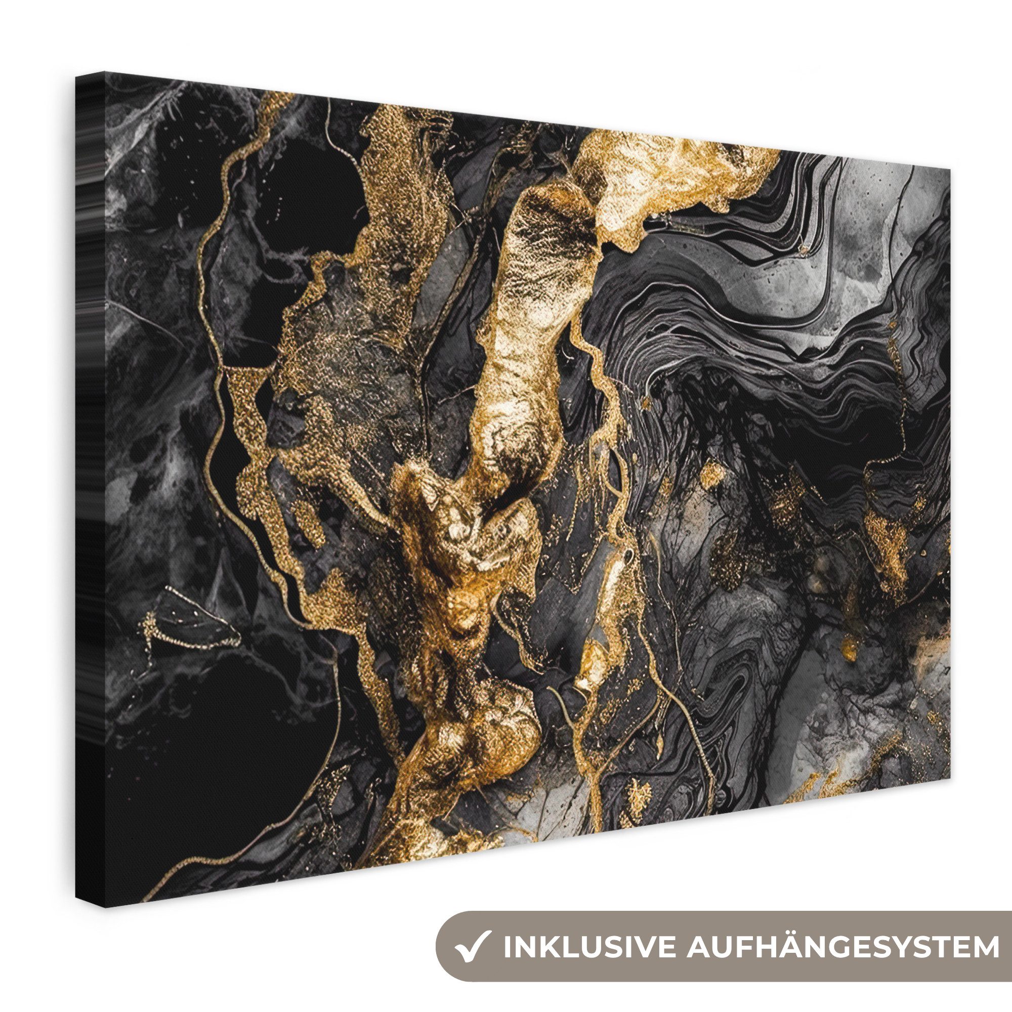 OneMillionCanvasses® Leinwandbild Marmor - Schwarz - Gold - Abstrakt, Fotodruck (1 St), Leinwand Bilder Klein, Wand Dekoration Aesthetic 30x20 cm