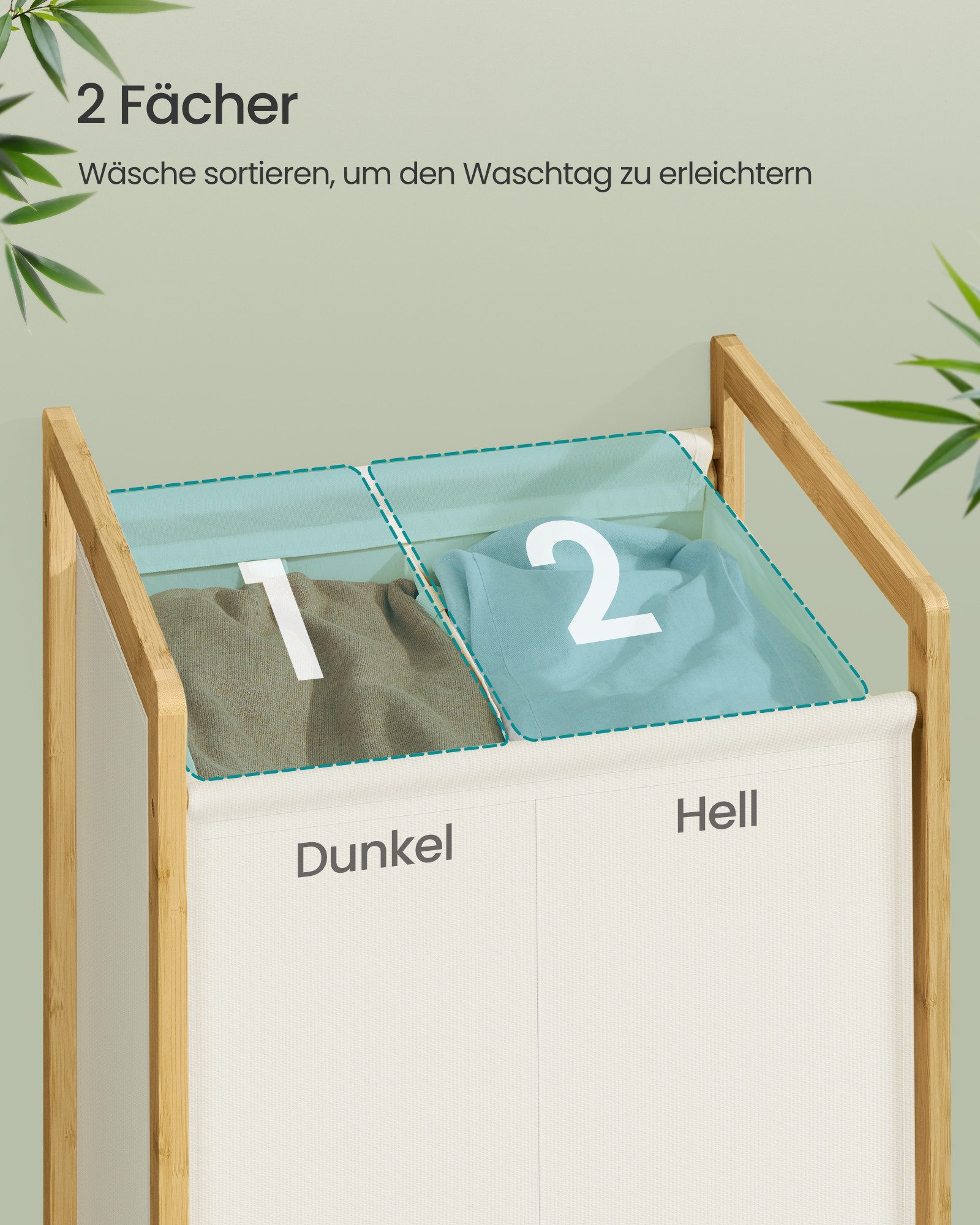 SONGMICS Wäschekorb Wäschesammler mit Bambusrahmen, verstärkter und abnehmbarer Deckel, 2 Fächer, Wäschesack abnehmbar, Wäschesortierer 100 L, 45 x 40 x 78 cm