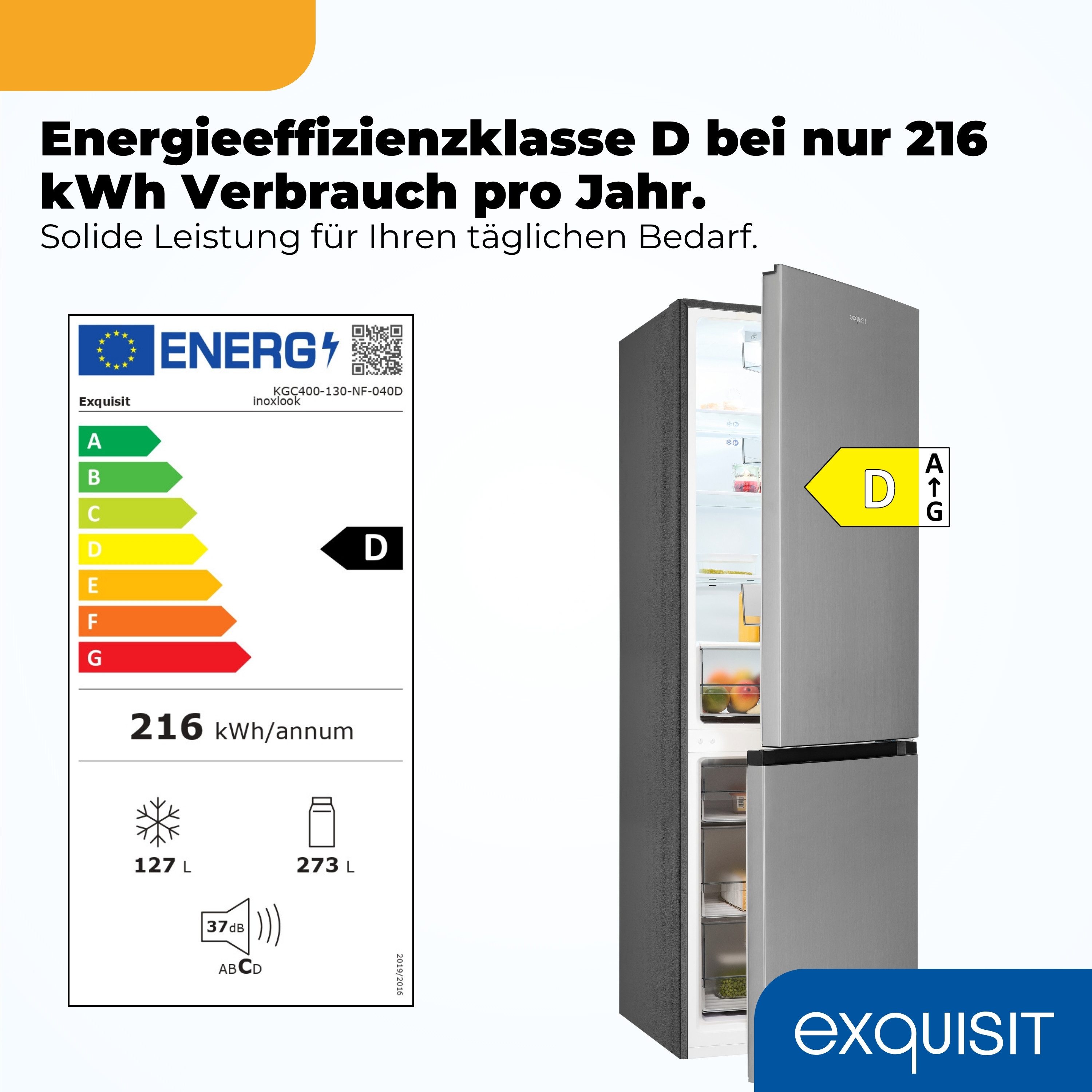 exquisit Kühl-/Gefrierkombination KGC400-130-NF-040D inoxlook, 186 cm hoch, 60 cm breit, Humidity Box für optimale Feuchtigkeitsregulierung & kein Abtauen mehr