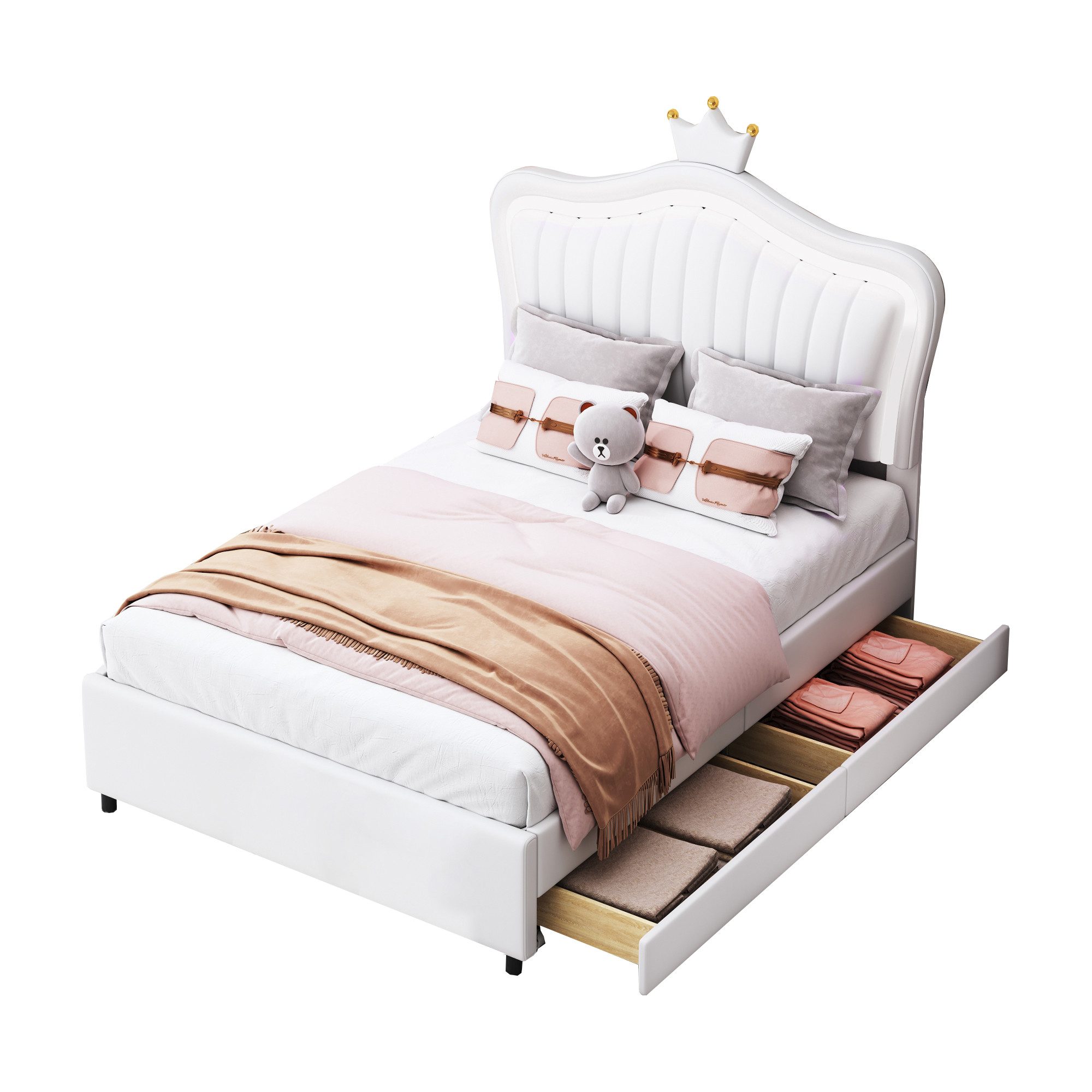 Flieks Polsterbett, LED Beleuchtung Krone Kunstleder Kinderbett 90x200cm mi günstig online kaufen