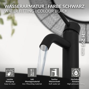 LuxeBath Waschtischarmatur Wasserhahn Mischbatterie Einhebelmischer Armaturen Schwarz Matt Messing Rund mit Zugstange