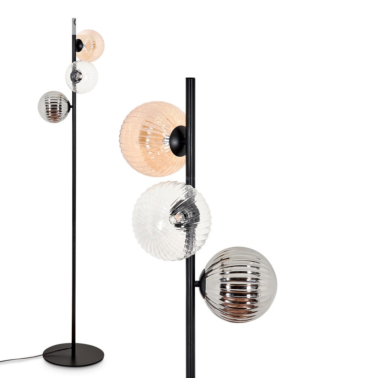 Stehlampe Stehlampe aus Metall/Riffelglas in Schwarz/Rauch/Bernstein/Klar