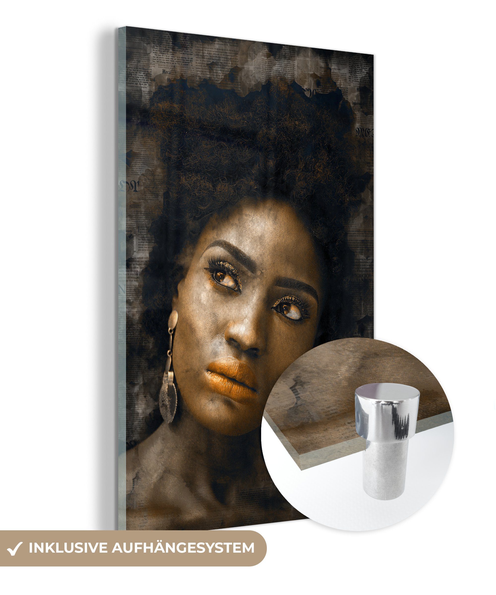 MuchoWow Acrylglasbild Frauen - Gold - Zeitungsartikel, (1 St), Glasbilder - Bilder auf Glas Wandbild - Foto auf Glas - Wanddekoration