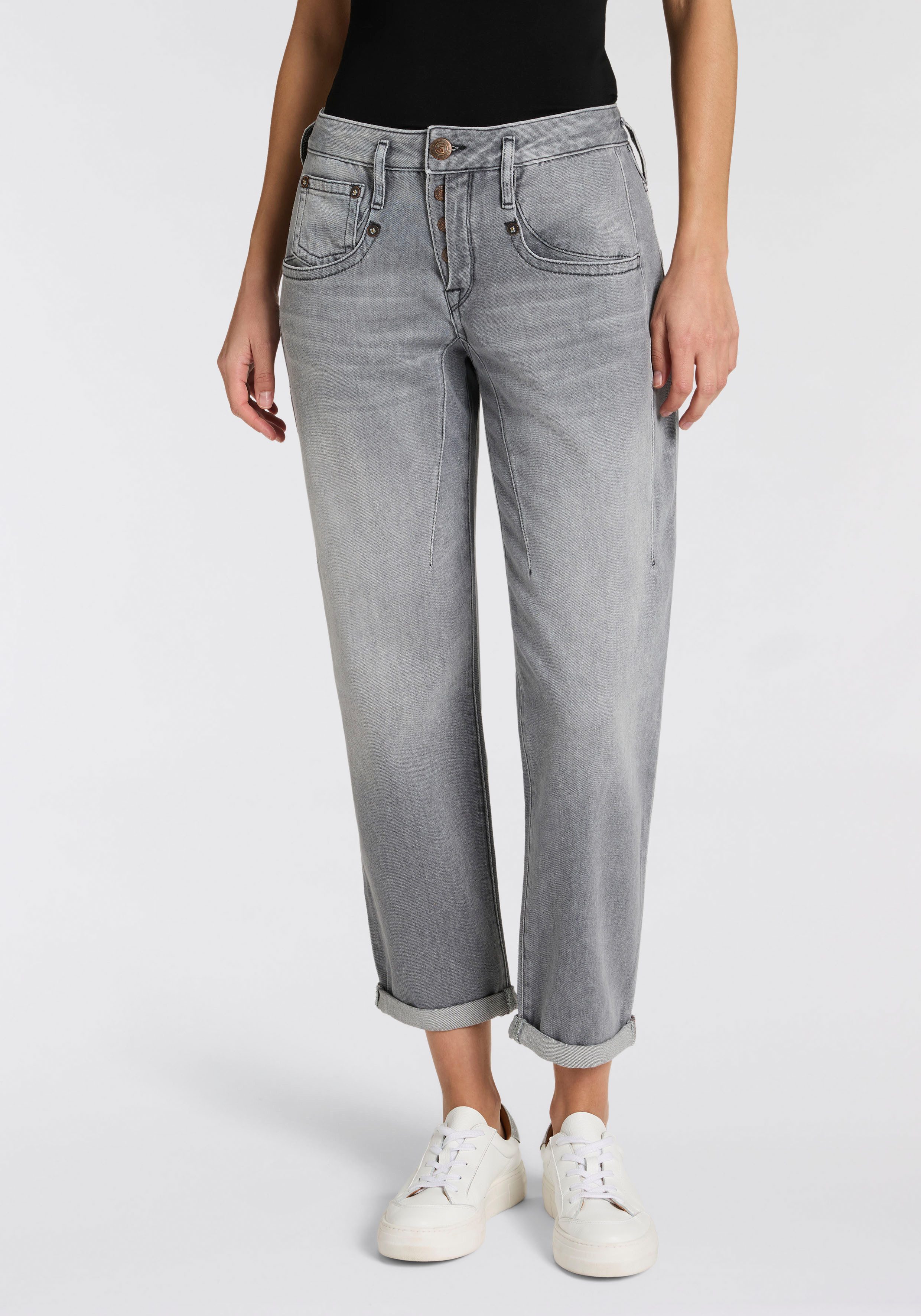Herrlicher Boyfriend-Jeans Shyra Tap Denim Grey Light Stretch High Waist mit Umschlagsaum
