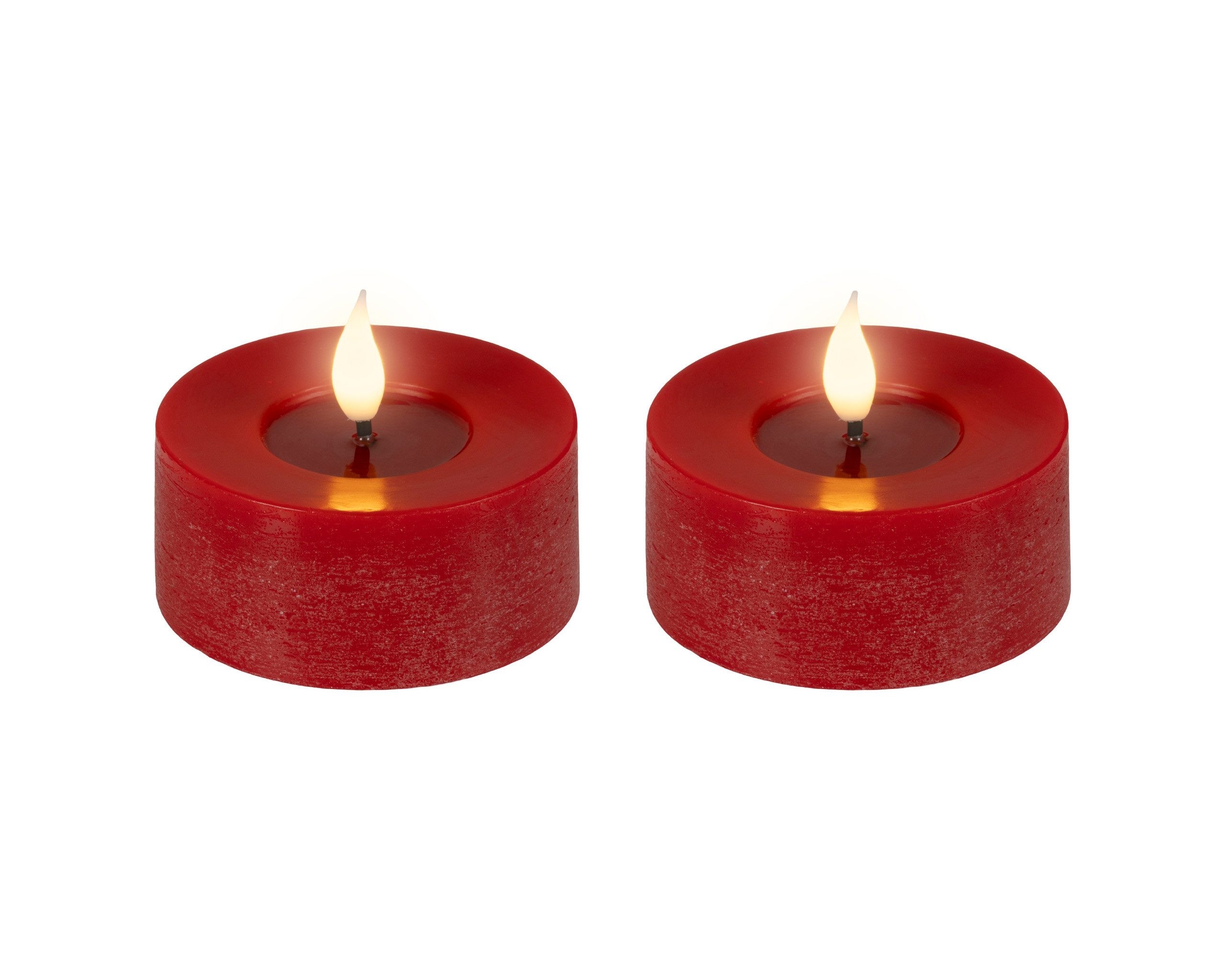 Lumineo LED-Kerze, Timer, warmweiß, LED Kerzen 6x7,5cm Timer Wachs 2 Stück - Flacker-Effekt Rot Warmweiß
