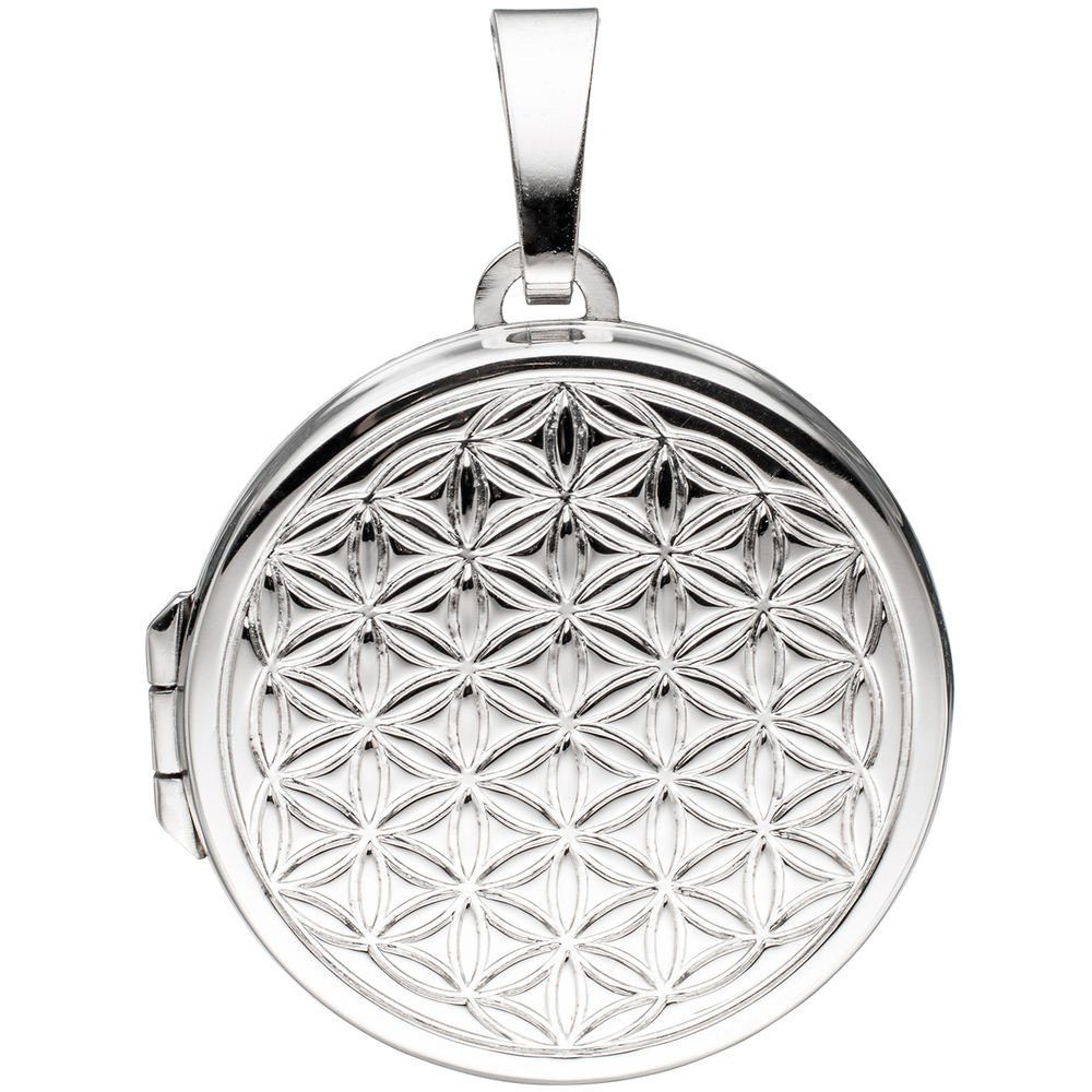 Schmuck Krone Kettenanhänger Medaillon für 2 Fotos, Lebensblume, 925 Silber, Silber 925