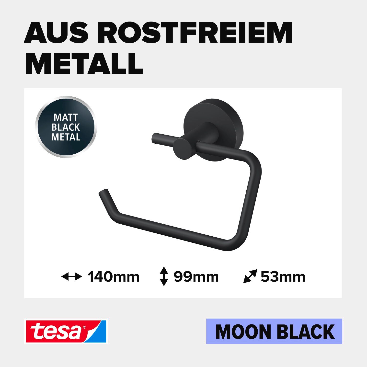 tesa Toilettenpapierhalter MOON Toilettenrollenhalter ohne Bohren - 9,9 cm : 14 cm : 5,3 cm (Packung, 1-St., inkl. Klebelösung), selbstklebender WC-Rollenhalter - schwarz
