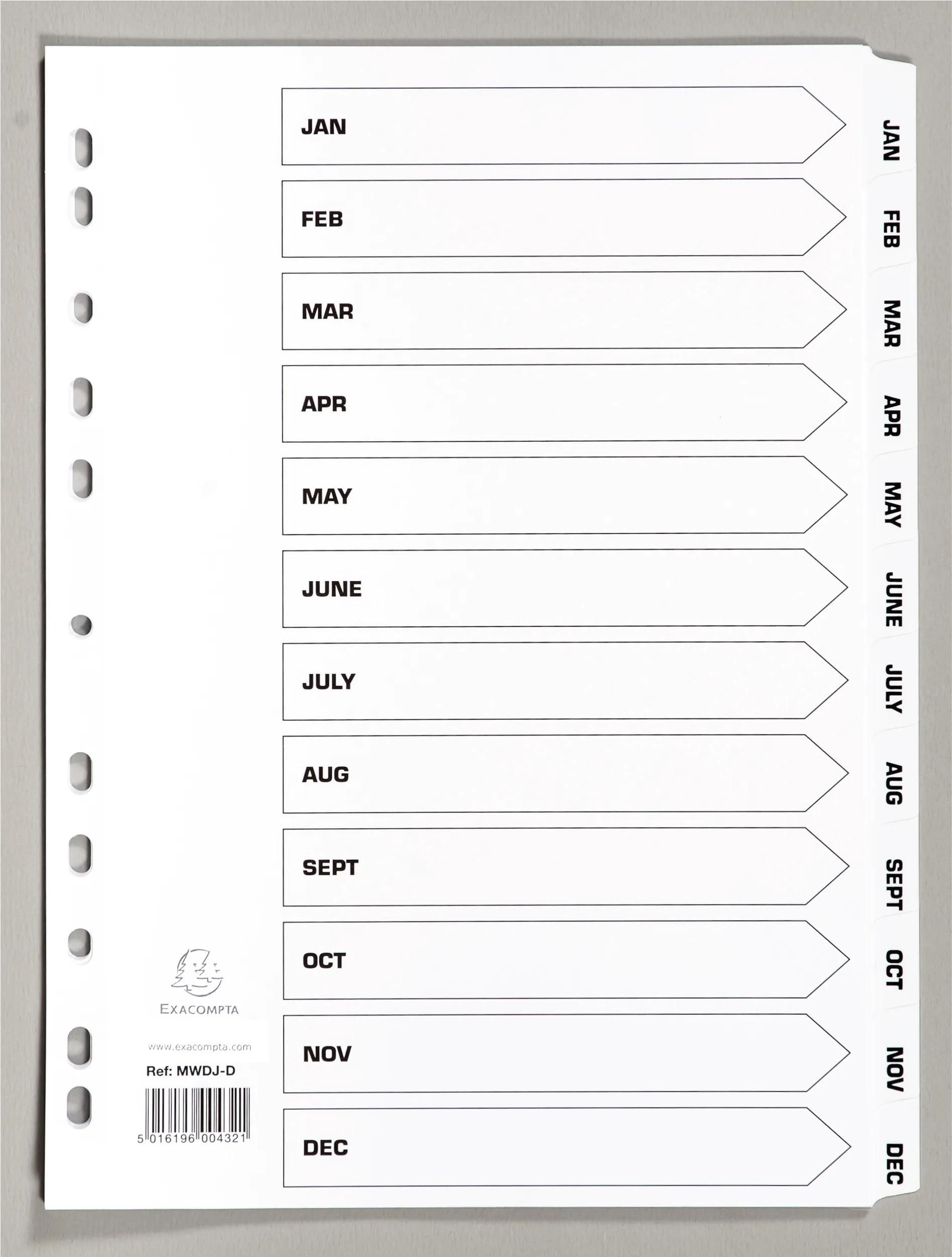 EXACOMPTA Aktenordner 10x Register A4 aus Karton, 12 Taben, Jan-Dec ENG - Weiß - MWDJ-DZ, Mylar® Register