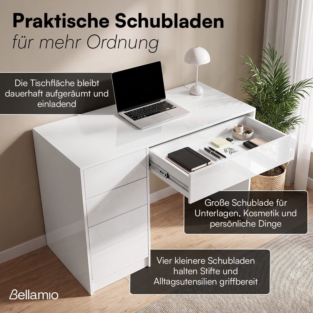 Bellamio Schreibtisch Livny mit 5 Schubladen, beidseitig montierbar (Push-to-Open, weiß), 80x53x110 cm