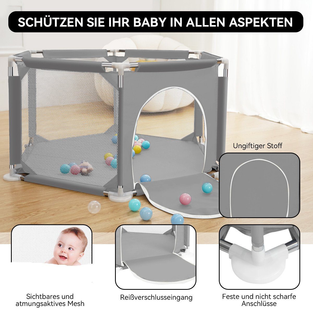 bioby Laufgitter, Laufstall Baby Schutzgitter, mit Atmungsaktivem Netz 128x günstig online kaufen