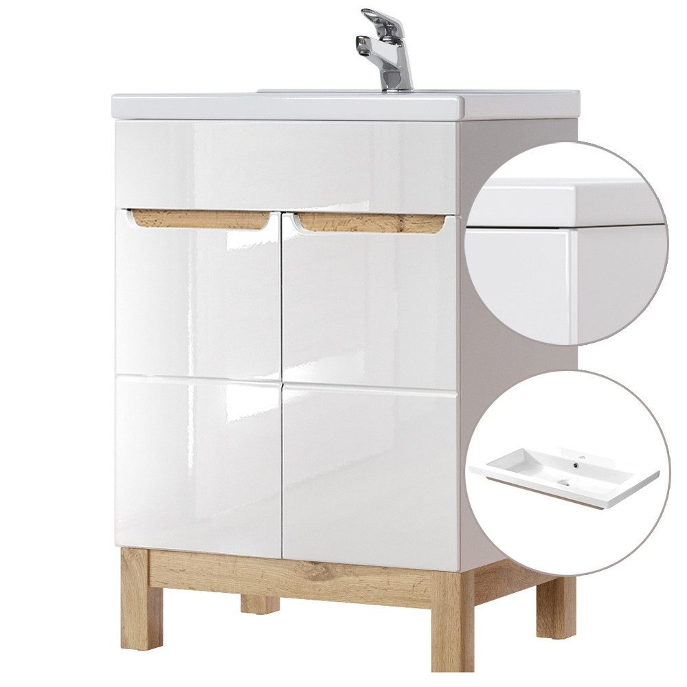 Lomadox Waschtisch SOLNA-56, weiß mit Wotaneiche 61x85x46cm