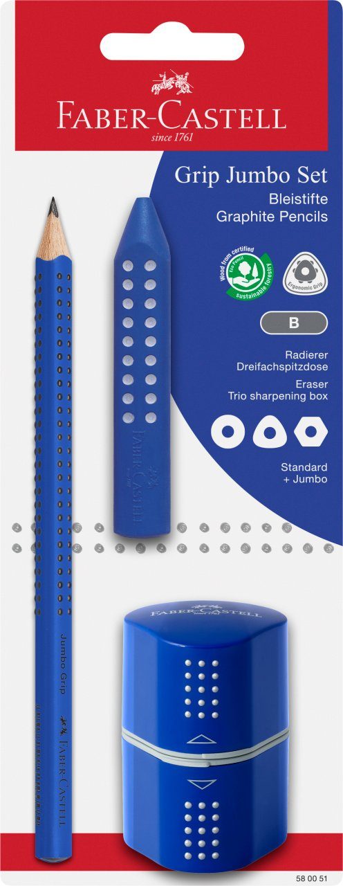 Faber-Castell Bleistift Bleistift Jumbo GRIP Set blau 1 Bleistift, 1 Radierer u. Spitzdose