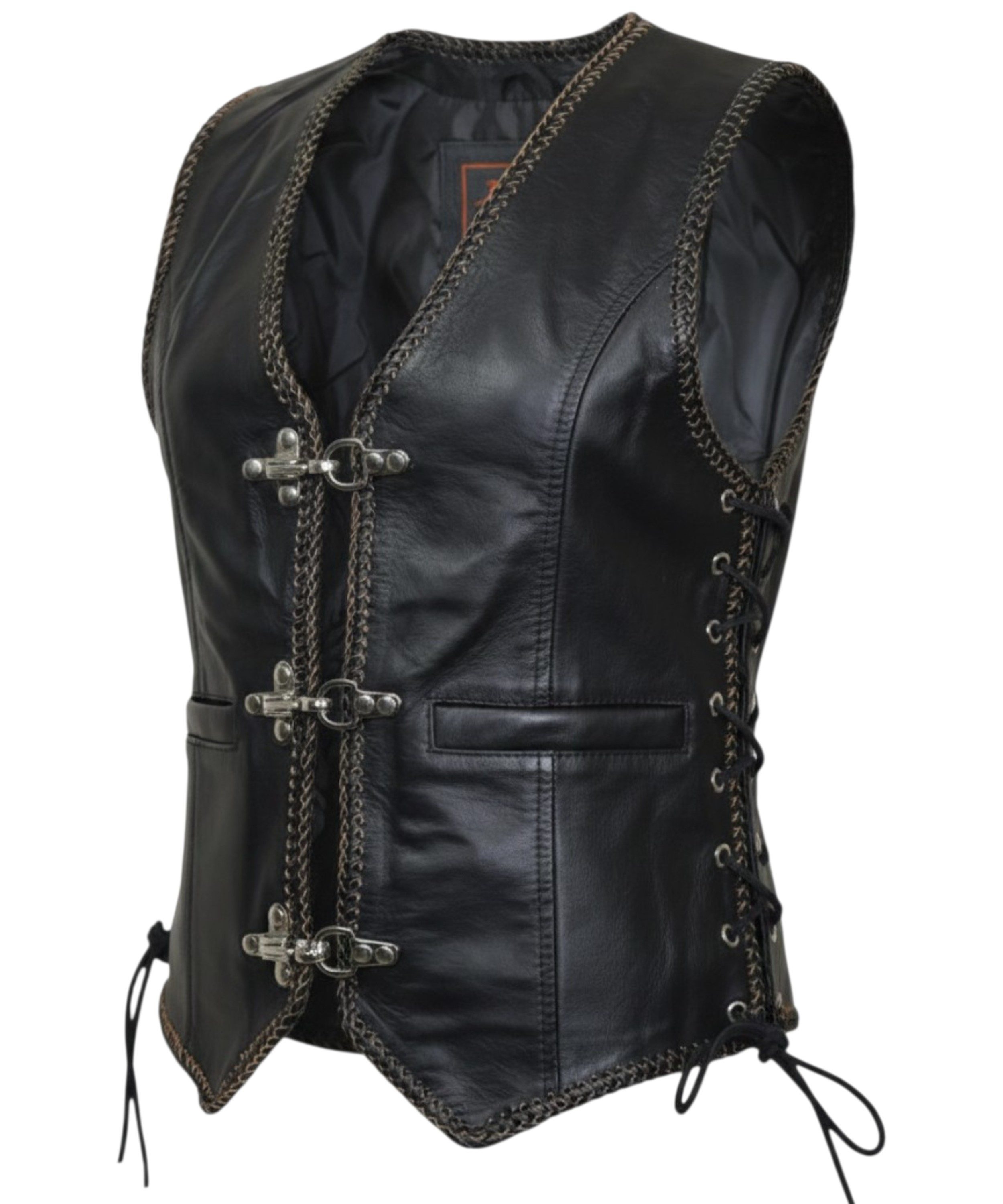 MDM Motorradweste Damen Biker Lederweste mit Eagle Motorrad Motiv und Schnürung